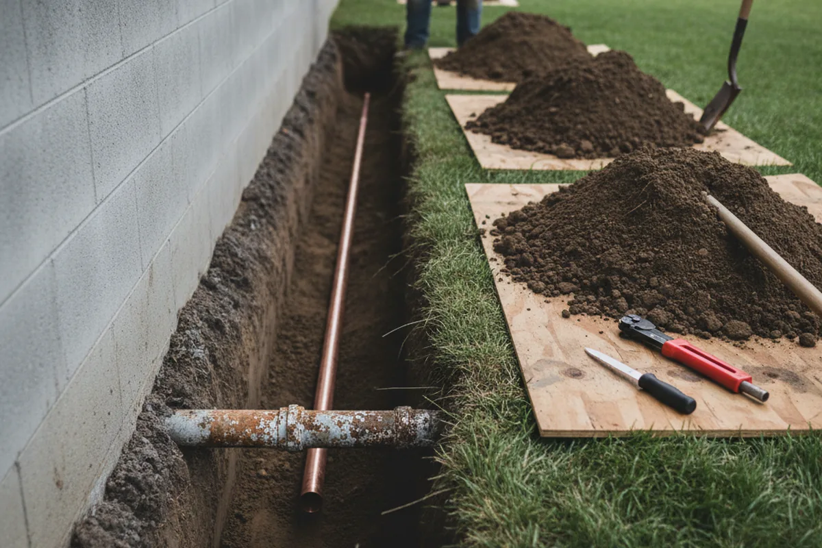 Excavated water line trench during Water Softener Installation in Pell Lake